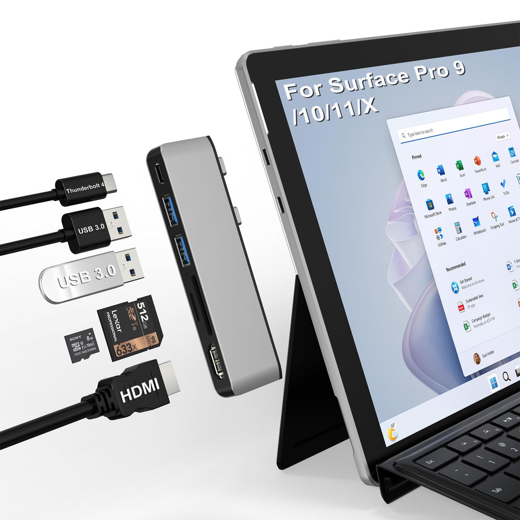 Surface Pro 11/10/9/X USB C Hub, 6-in-1 Surface Pro Dock with Thunderbolt 4